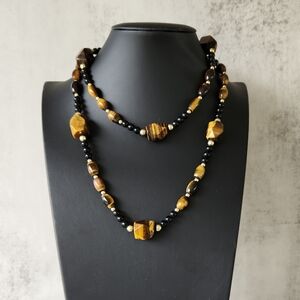 Chunky Faceted Tiger Eye and Onyx Gemstone Long Beaded Bold Statement Necklace